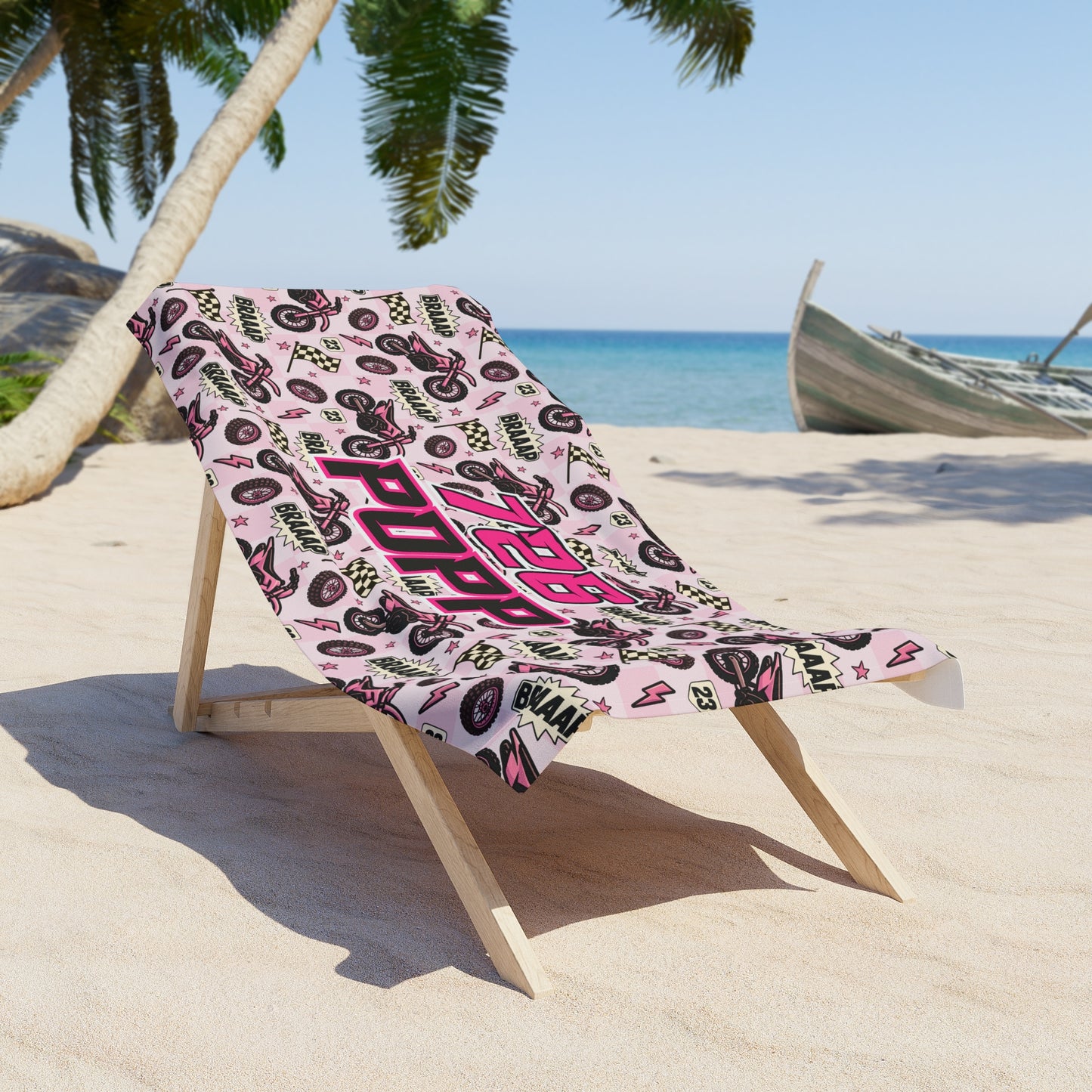 Personalized Beach Towel: Pink Dirt Bike Braaap