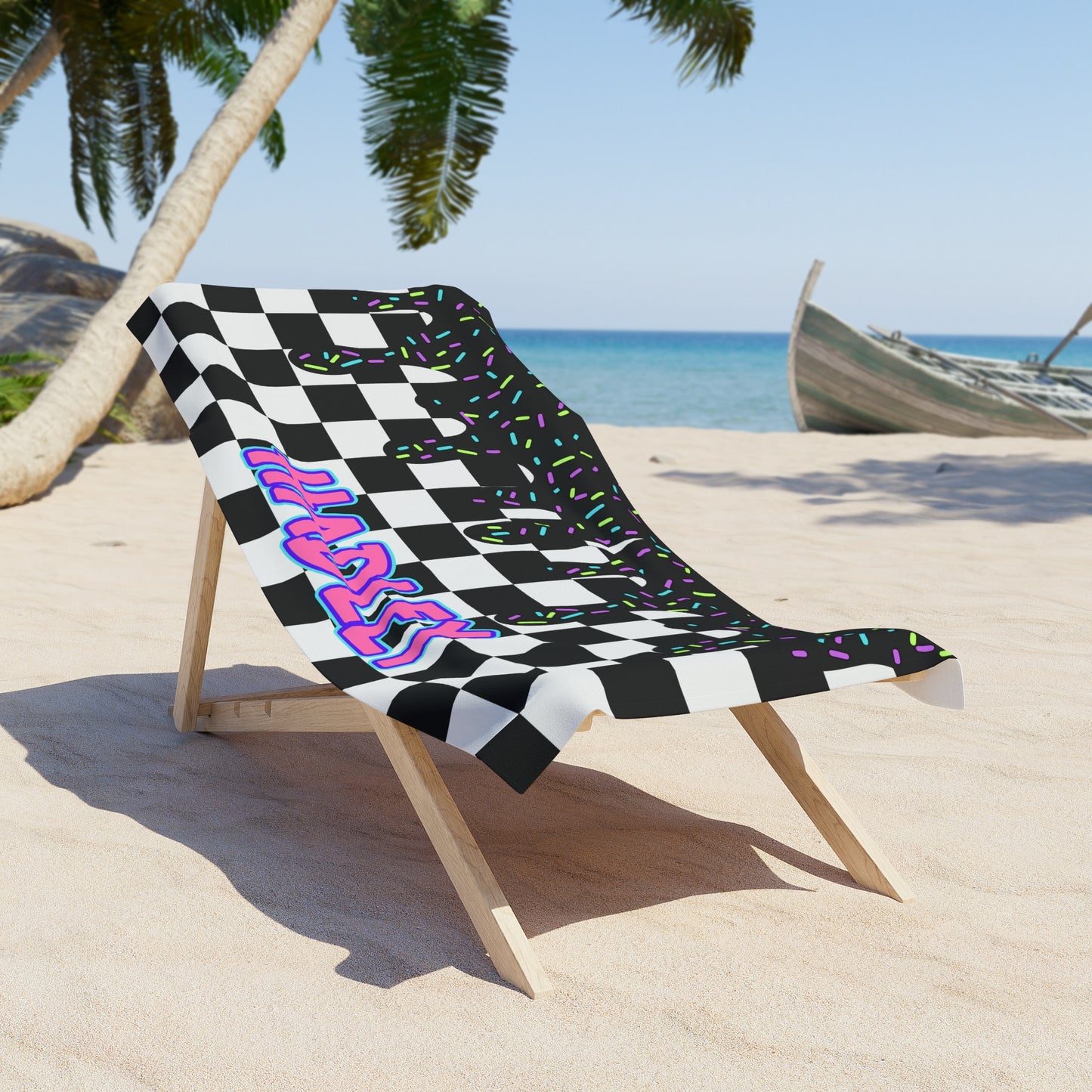 Personalized Beach Towel: Black Checkered Drip