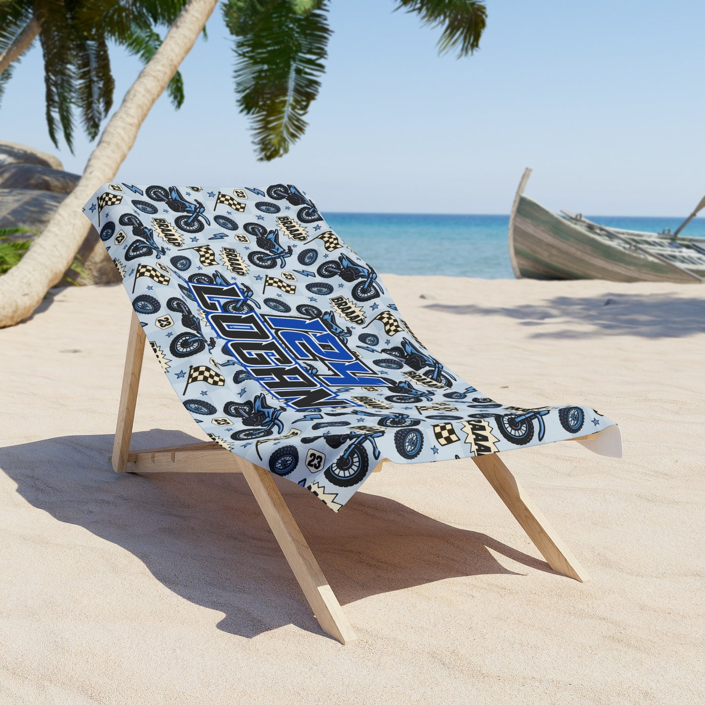 Personalized Beach Towel: Blue Dirt Bike Braaap