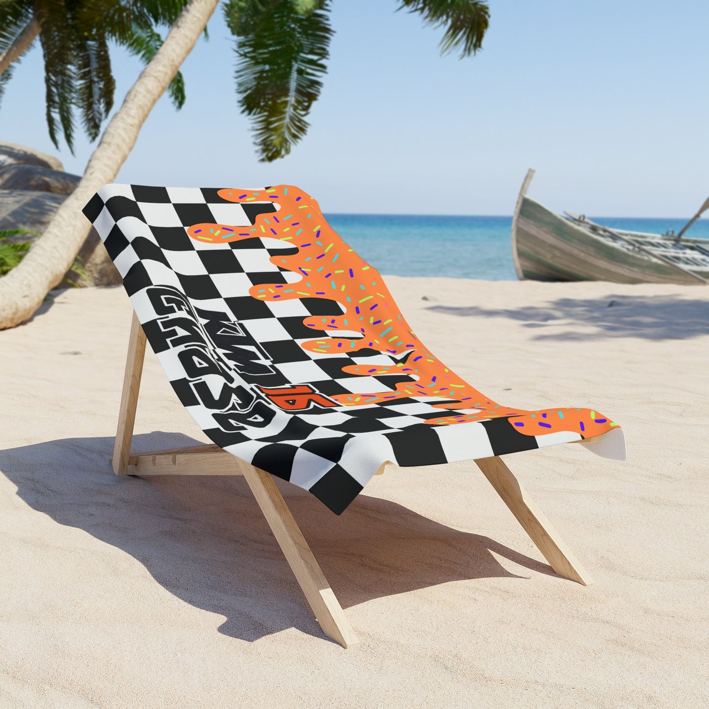 Personalized Beach Towel: Orange Checkered Drip