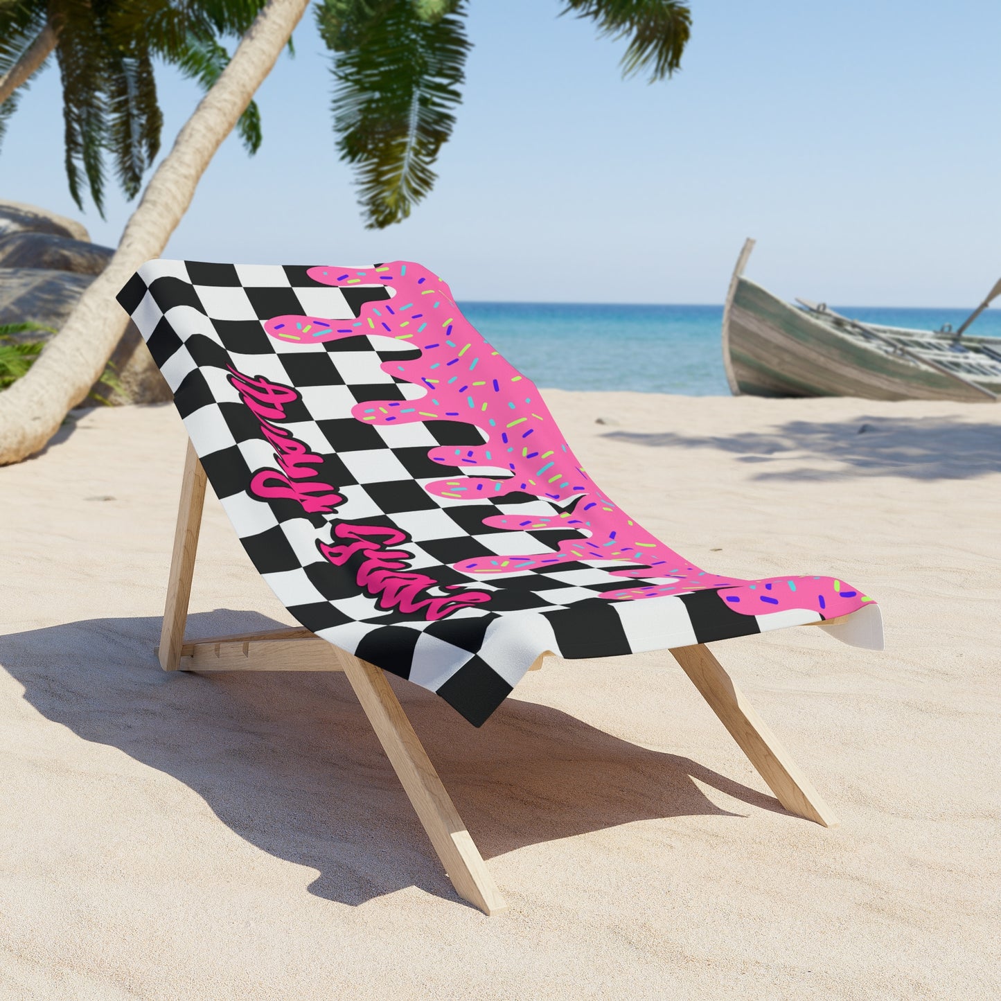 Personalized Beach Towel: Pink Checkered Drip