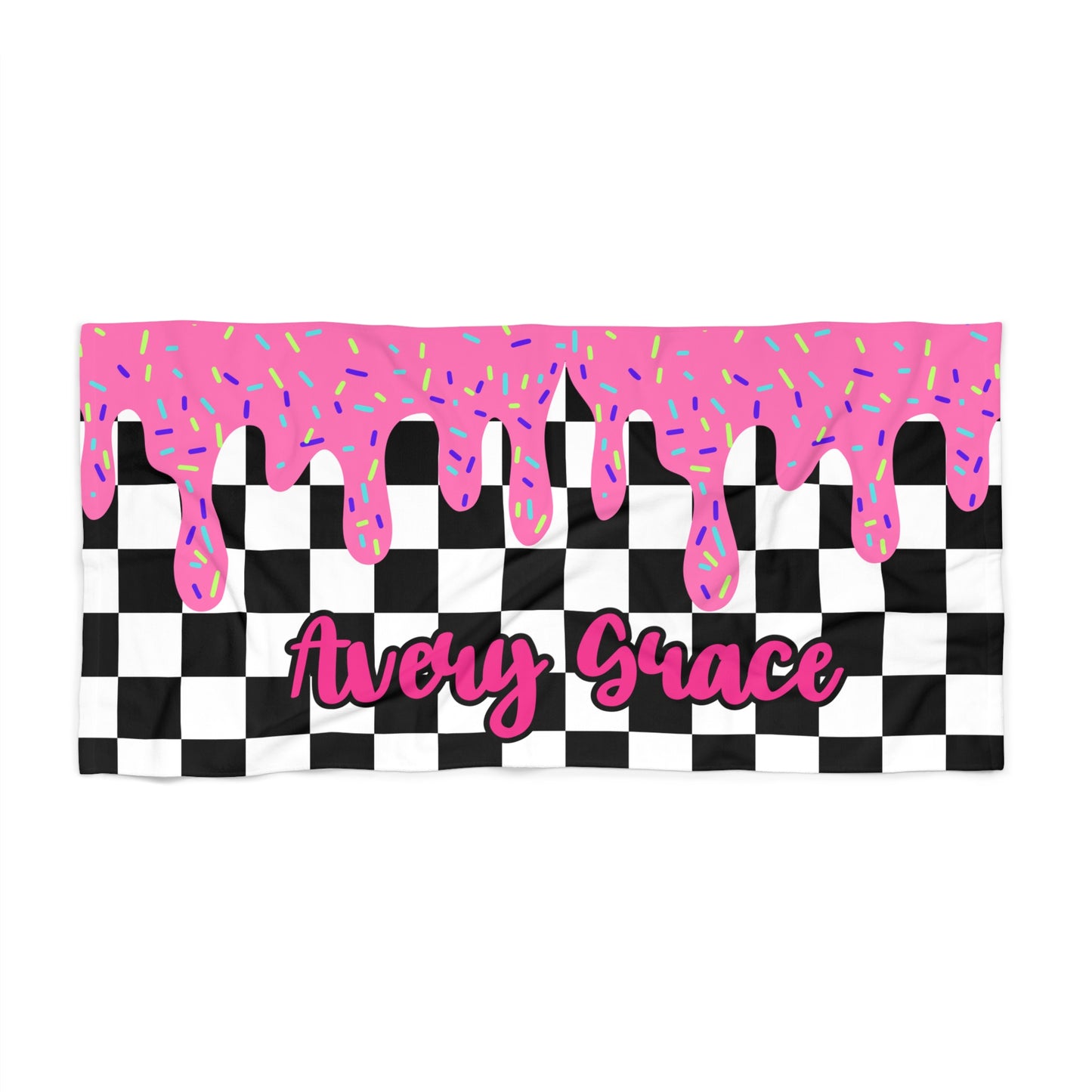 Personalized Beach Towel: Pink Checkered Drip