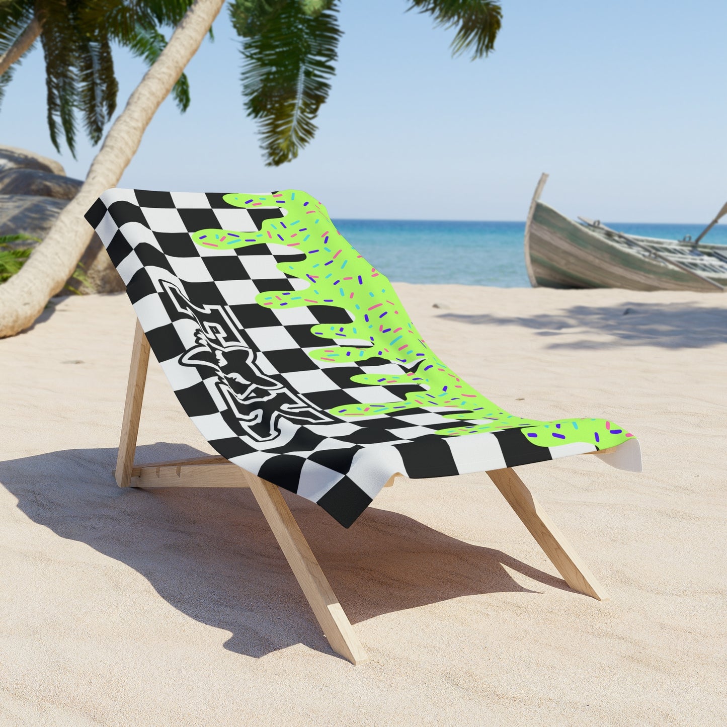 Personalized Beach Towel: Green Checkered Drip