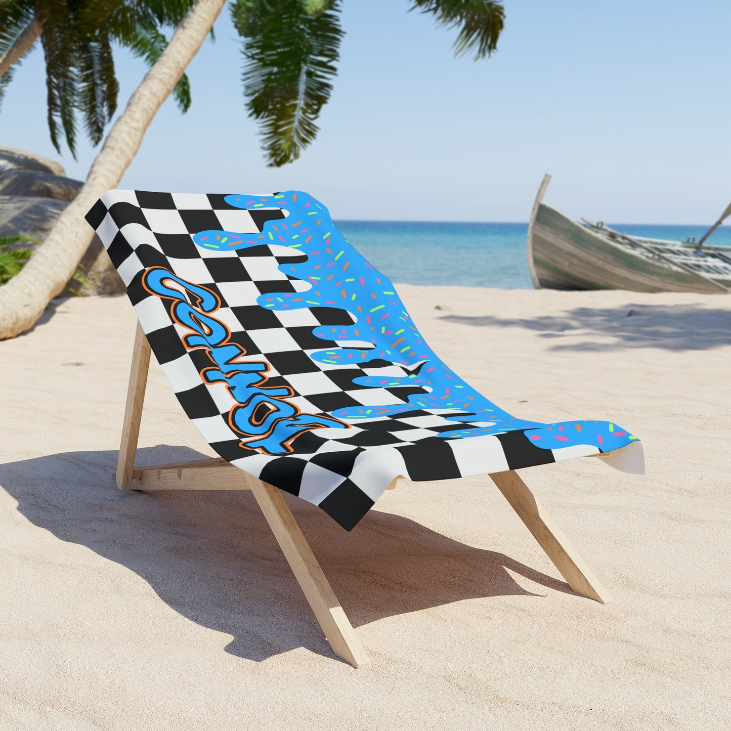 Personalized Beach Towel: Blue Checkered Drip