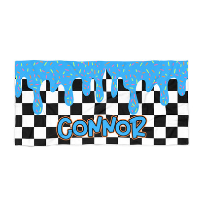 Personalized Beach Towel: Blue Checkered Drip