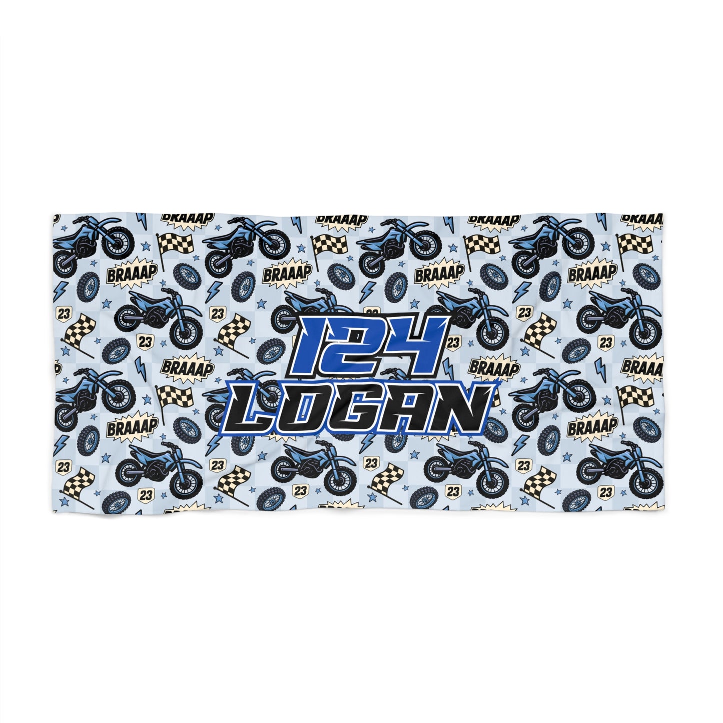 Personalized Beach Towel: Blue Dirt Bike Braaap