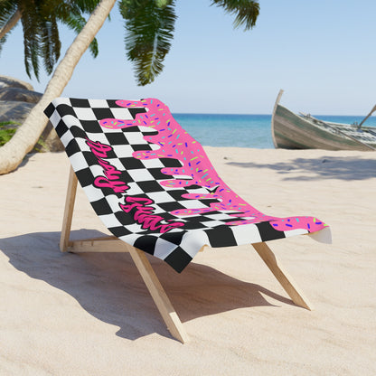 Personalized Beach Towel: Pink Checkered Drip
