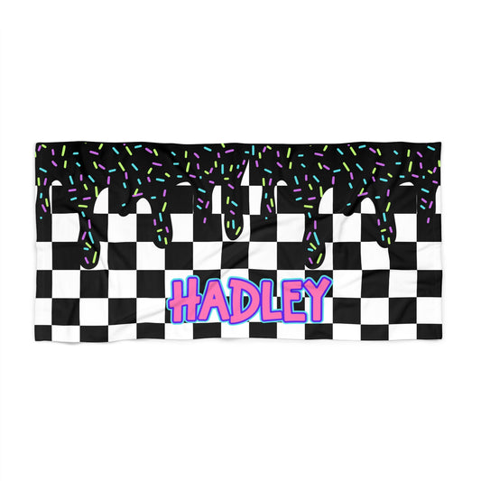 Personalized Beach Towel: Black Checkered Drip