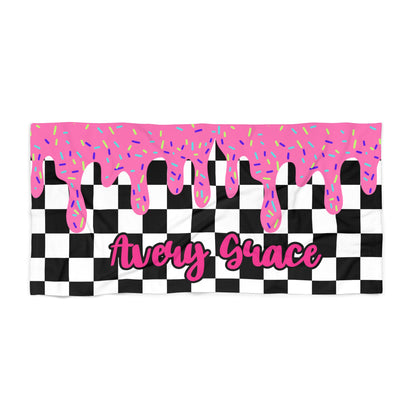Personalized Beach Towel: Pink Checkered Drip